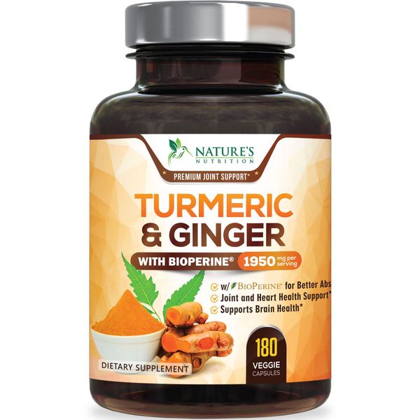 Turmeric Curcumin with BioPerine & Ginger 95% Standardized Curcuminoids 1950mg Black Pepper for Max Absorption Joint Support, Nature's Tumeric Herbal Extract Supplement, Vegan, Non-GMO - 180 Capsules