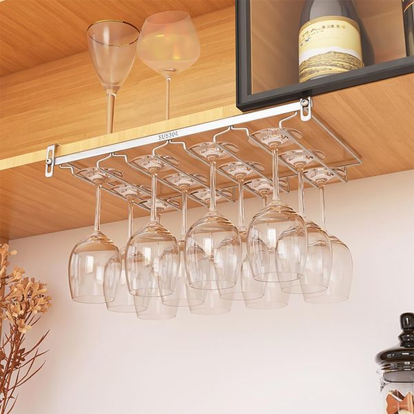 GeLeCo Wine Glass Holder Adjustable Shelf Thickness Wine Glass Hanger Hanging No Drilling (4 Lanes, Holds 12 Pieces)