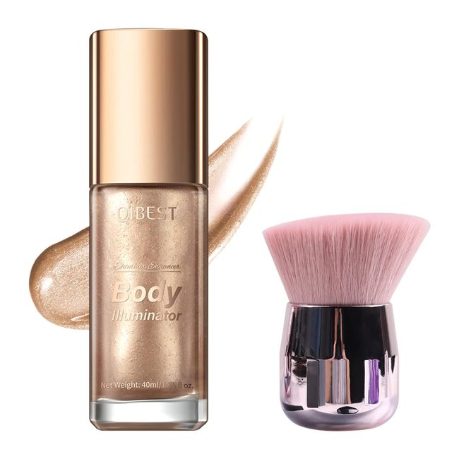 40ml Body Shimmer Oil,Face and Body Liquid Luminizer,Smooth Body Shimmer Oil For Sunshine Bath, Waterproof Moisturizing Light Shimmer Glow Illuminator,Liquid Highlighter Makeup,Makeup Brush Include (2#-Rose Gold)