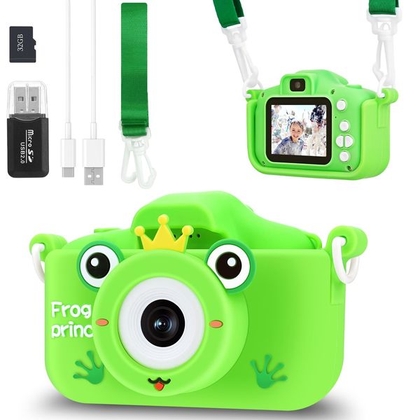 WIOR Kids Camera Toys for Boys Girls, HD Digital Video Camera Toddler Selfie Camera with Cartoon Frog Silicone Case, 5 Puzzle Games, 32GB SD Card and Reader, Christmas Birthday Gifts for Child Aged 6+