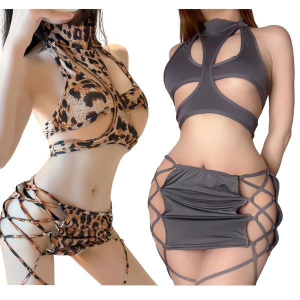 OLYOLY Extreme Sexy Cosplay Underwear, Bikini, Tankini, Sports Bra, Wet See-through, Swimsuit, Lingerie (06, Leopard Ash 2 Color Set)