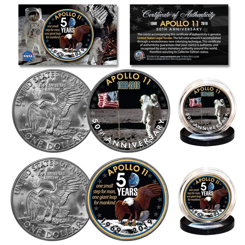 Apollo 11 50th Anniversary Man on Moon Genuine Eisenhower Dollar NASA 2 ...