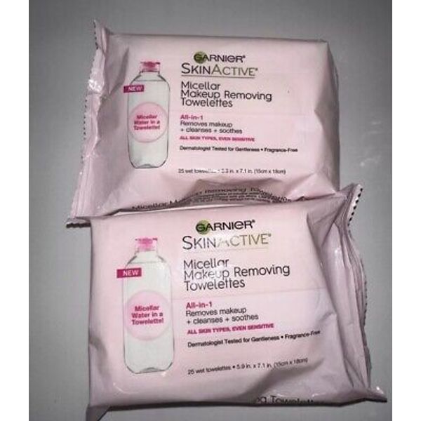 2X Garnier SkinActive Micellar Makeup Remover Wipes, 25 count each