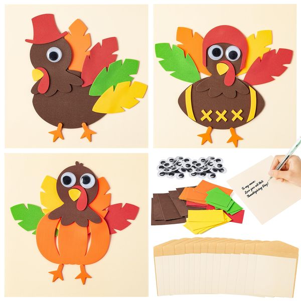 CY2SIDE 24PCS Thanksgiving Thankful Cards Foam Craft Kit for Kids DIY Turkey Greeting Cards with Envelopes Thanksgiving Gift Cards for Mother Father Teacher Fall Paper Craft Kit School Art Activity