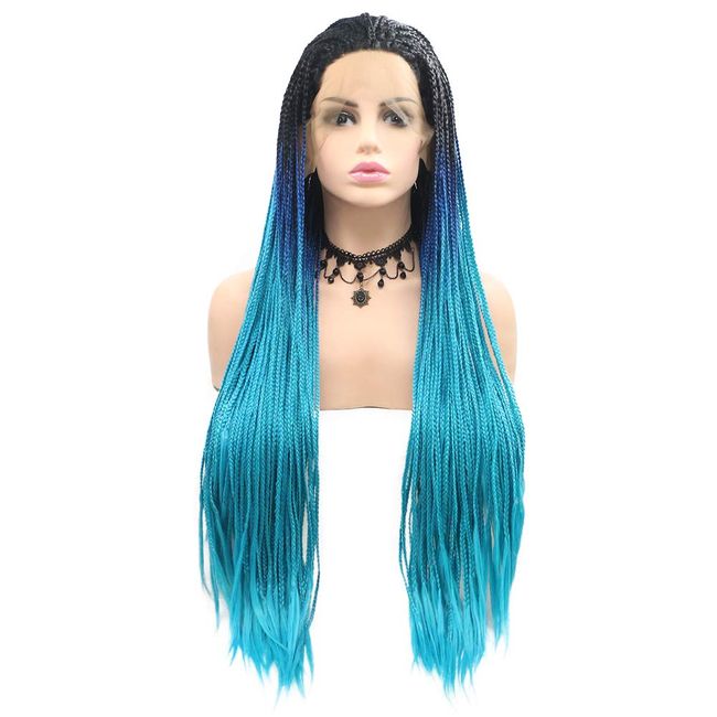 Sylvia 24inch Dark to Peacock Blue Micro Braids Ombre Box Braid Wigs Natural Hairline Synthetic Lace Front Wigs Heat Resistant Fiber Hair for Women