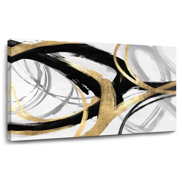 Kureful Gold Wall Decor - Black Canvas Wall Art for Living Room- Large Line Artwork - 20" x 40" Oil Painting Abstract Pictures for Bedroom Kitchen Home Office