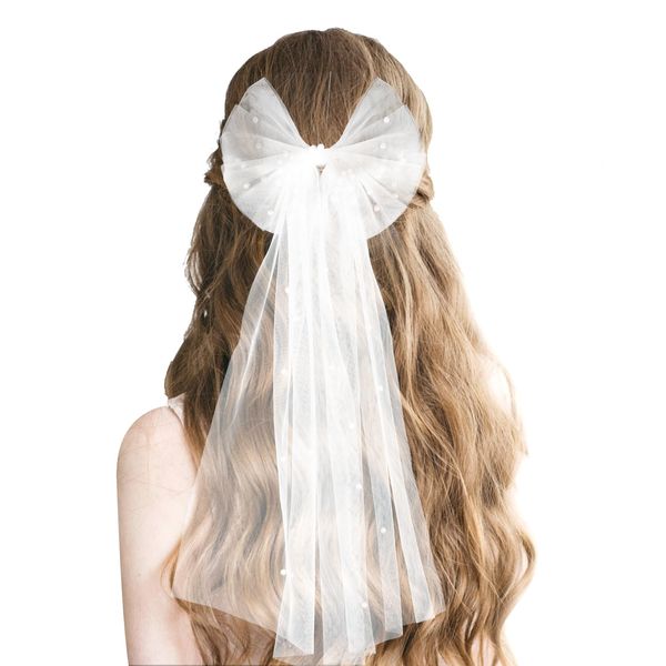 Bridal Bow Veil White Pearl Hair Clip Wedding Bridal Veil Bride to Be Accessories for Brides Shower Bachelorette Party Hen Do Night Party for Women and Girls