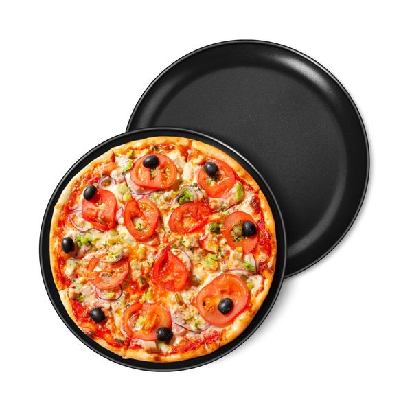 Homikit 10 Inch Non Stick Pizza Tray Set of 2, Stainless Steel Pizza Oven Pans Round Baking Sheets - Baking, Roasting, Serving, Healthy & Non-Toxic, Durable & Easy Clean, Black