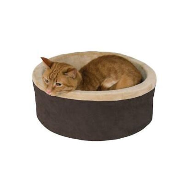 Cat Bed Soft Small Heated Dual Thermostat Orthopedic Foam Base Indoor Brown 4 W