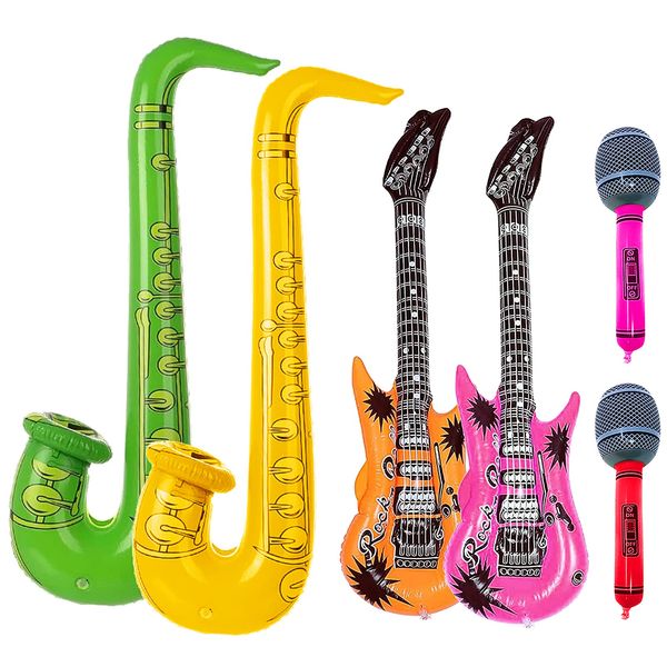 6PCS Inflatable Musical Instruments Balloons Inflatable Guitar Saxophone Microphone Balloon Set Inflatable Party Props Blow Up Inflatable Rock Star Toy Set for Adult Kid Party 80s Decorations Karaoke