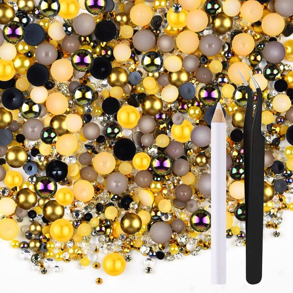 ASTARON 50g Mix Flatback Rhinestones Half Pearls for Crafts Mixed Size 3mm-10mm Flat Back Rhinestones for Crafts Flatback Pearls for Decorating Tumblers Mugs Nail Art Shoes (Gold Black Series)