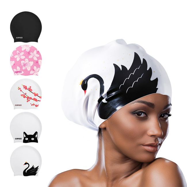 COPOZZ Extra Large Swim Cap, Designed for Long Hair Braids Dreadlocks Weaves Hair Extensions Curls & Afros, Silicone Bathing Cap Swimming Hat for Women Men