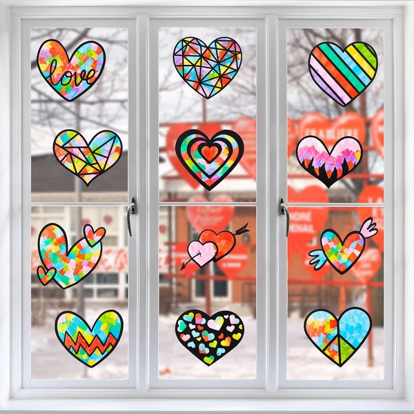 Haooryx 12Pcs Valentines Heart Paper Suncatcher for Kids, Heart Shaped Tissue Paper Craft DIY Window Stained Glass Effect Suncatchers for Classroom Art Craft Valentine’s Day Party Game Supplies