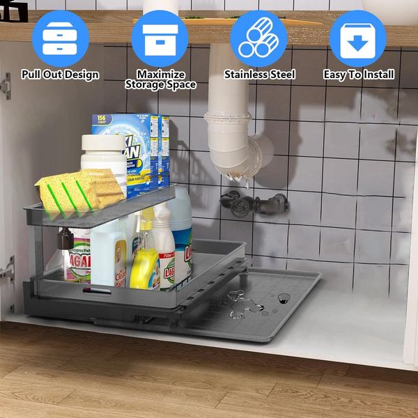 Sliding Out Kitchen Cabinet Bathroom Storage Organizer Shelves Under Sink Rack