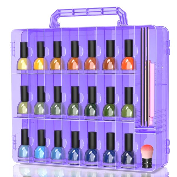 Beloving Nail Polish Organizer Case for 48 Bottles Nail Polish Holder with Adjustable Divider, Gel Nail Polish Storage Double Side Nail Polish Organizer Case for Storage Display, Purple