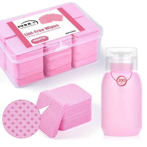 NXJ INFILILA 1080PCS Lint Free Nail Wipes Kit - Pink Gel Nail Polish Remover Set With 1PCS Acetone Pump Dispenser Bottle 200ml(6.8oz) for Professional Soak Off Gel Nail Polish Nail Remover