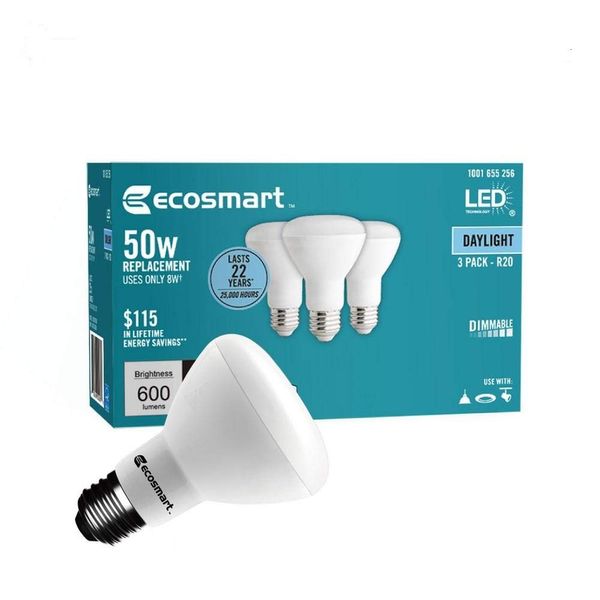 (3-Pack) EcoSmart R20 Daylight LED, Dimmable, 600-Lumen, 5000K, 8-Watt (50-Watt Equivalent) Light Bulb, E26 Medium Base