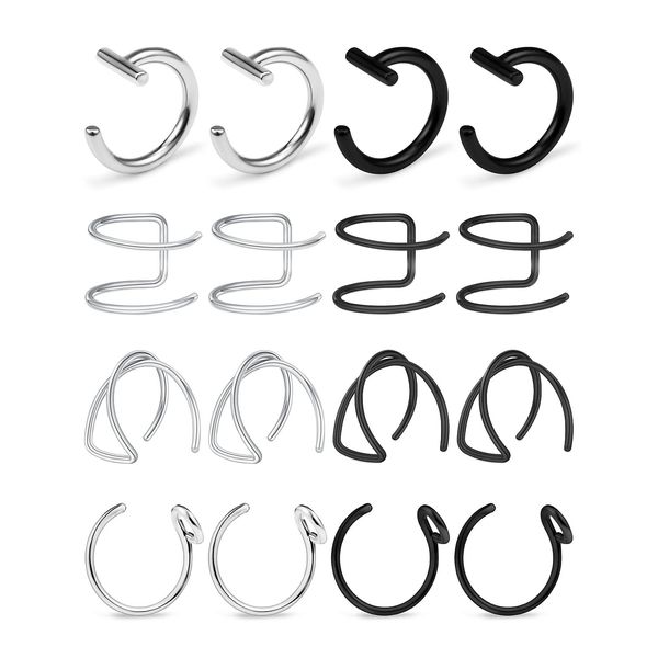 Ftovosyo Fake Lip Rings T Shaped Stainless Steel Gothic Clip on Non Piercing Nose Ring Double Cartilage Helix Earrings Ear Cuff for Women Men