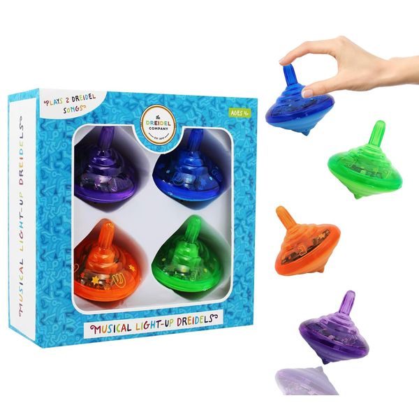 The Dreidel Company Hanukkah Musical Light-Up Dreidel Spinning Tops Set, Plays 2 Classic Hanukkah Songs, Assorted Colors (4-Pack)