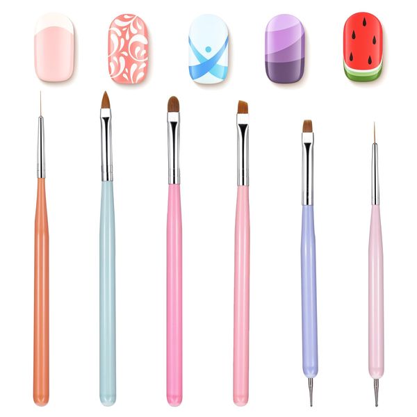 Wanmu 6Pcs Nail Art Brushes Set, Gel Polish Nail Art Design Painting Tools, Fingernail Brush, Nail Cleaning Brush, Nail Polish Brush, Nail Liner and Dotting Pens for Nail DIY