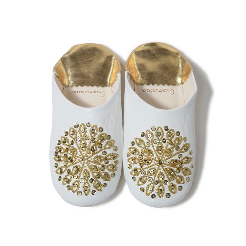 cocomorocco Odorless Leather Babouche Slippers Moroccan (Gold Sequins) Room Shoes Coco Moroccan Mother's Day Gift, white & gold
