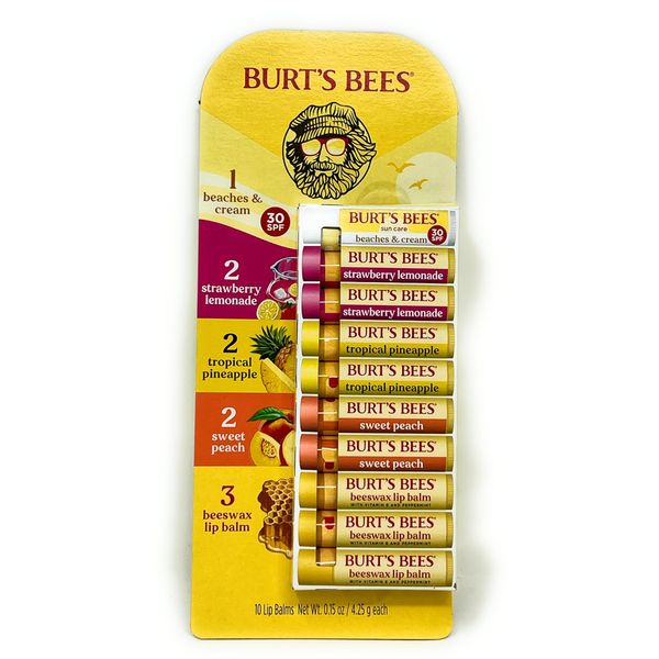 Burt's Bees 10-Pack Beaches & Cream (1), Strawberry Lemonade (2), Tropical Pineapple (2), Sweet Peach (2), Beeswax Lip Balm (3)