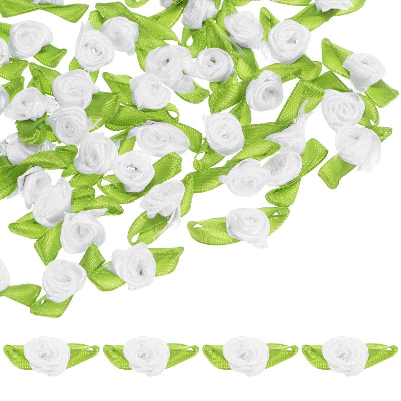 M METERXITY 100-Pack Mini Ribbon Roses, Mini Fabric Flowers with Green ...
