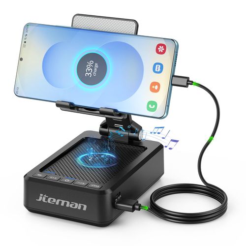 JTEMAN Cell Phone Stand with Bluetooth Speaker and Charging Function,Bluetooth Audio Power Bank Bracket,Birthday Gifts for Men Women,Kitchen Gadgets for Most Phones and Tablets-Black