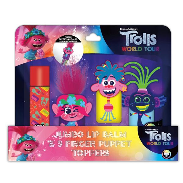 Trolls MEGA Lip Balm & Three Character Finger Puppets/Lip Balm Covers