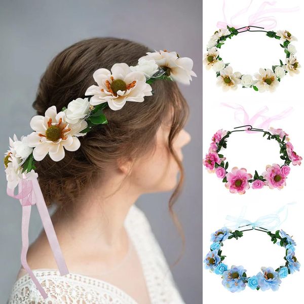 Edary Bridal Floral Crown Headband Bohemian Floral Headpiece Wedding Hair Wreath Photo Props Festival Party Hair Accessories for Women and Girls (White)