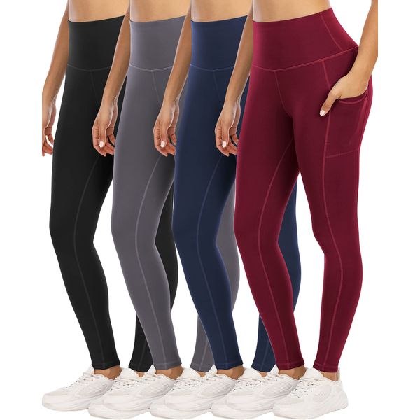 YOUNGCHARM 4 Pack Leggings with Pockets for Women,High Waist Tummy Control Workout Yoga Pants BlackDGrayNavyBurgundy-L