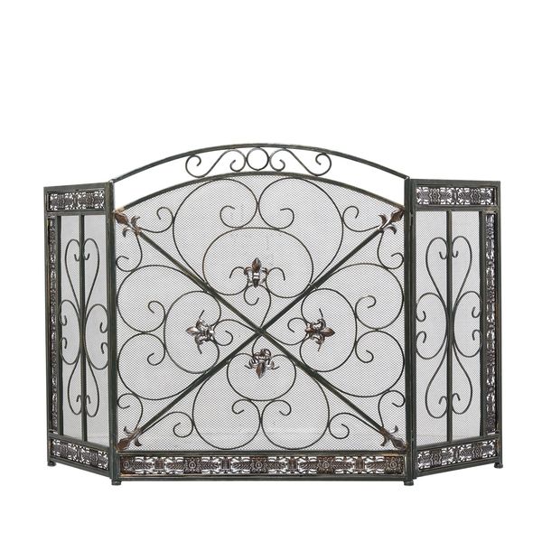 Deco 79 Metal Scroll Fireplace Screen Foldable Arched 3 Panel with Fleur De L...