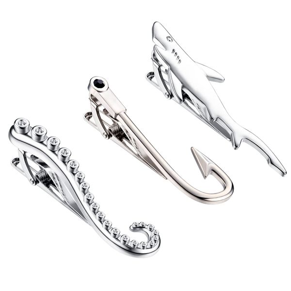 Sanfenly Tie Clips for Men Unique Personalized Cross Shark Fish Hook Sword Gun Guitar Octopus Limb Tree Compass Tie Bar Set