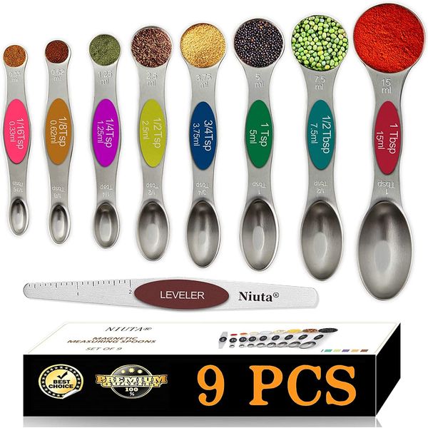 NIUTA Magnetic measuring spoons set, stackable on both sides, Germany stainless steel, for use in spice jars and liquids, set of 9-Multicolour