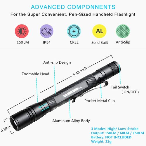 LED Pen Flashlight (2 Pack), Zoomable Head, COSMOING 3 Mode Super Bright Pocket-Size Penlight with Adjustable Focus, 2AAA Battery(Not Included) IP54 Waterproof Perfect for Emergency, Inspection,Repair