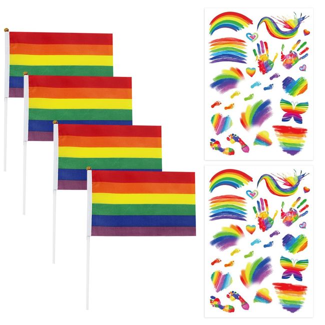ISOI LGBT Pride Accessories Set, 6 Packs Pride Flags and Temporary Tattoos Stickers, Progress Pride Rainbow for Transgender Bisexual Lesbian Asexual Parade Festival Decorations and Celebrations (Set2)