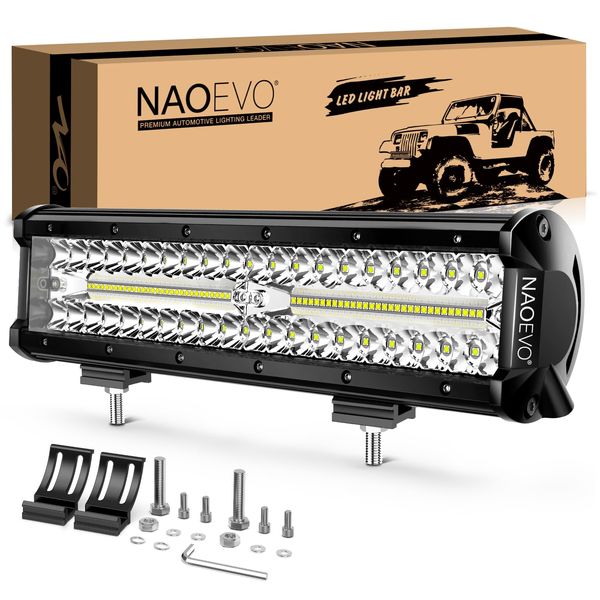 NAOEVO 12 inch LED Light Bar, 300W 30000LM LED Offroad/Driving/Fog Lights LED Bar, Spot Flood Combo Beam LED Work Lights for Truck UTV ATV Tractor Golf Cart Boat Jeep, 1 Pc (White)