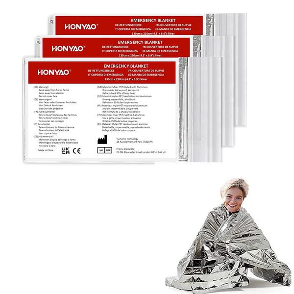 HONYAO® Emergency Blanket 3pcs, Foil Blanket Silver, Thermal Blanket 210×160 cm, Survival Blanket Perfect for Outdoors, Survival, Hiking, Marathons or First Aid, Tear Resistant