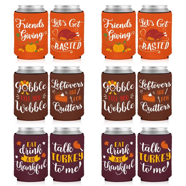 12PCS Friendsgiving Party Decorations Can Cooler Thanksgiving Fall Party Favor Potluck Dinner Friends Gathering Neoprene Can Sleeve for Soda Beverage Thankful Feast Party Supplies