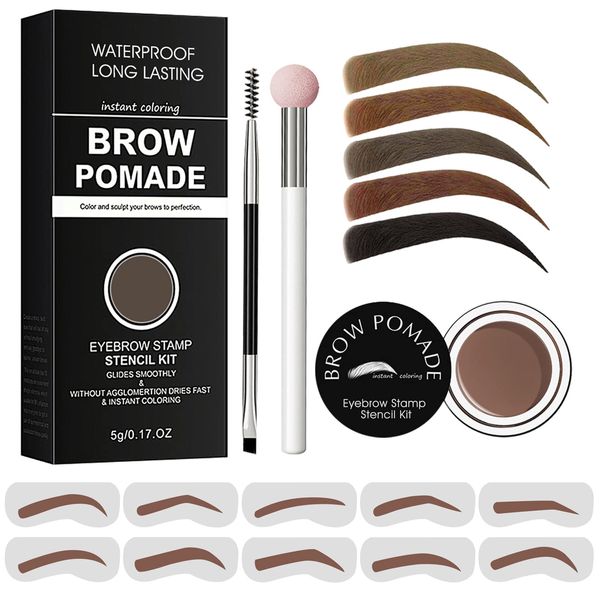 Eyebrow Stamp Stencil Kit - for Waterproof Eyebrows Makeup, Eyebrow Stamp Kit with Sponge Applicator, 10 Eyebrow Stencils, Dual-ended Brow Brush, Waterproof Eyebrow Pomade (Chocolate)