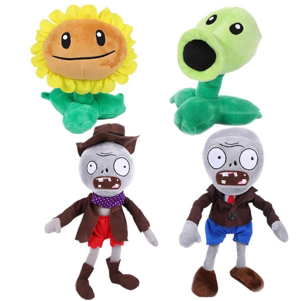 BASHERISE 2024 Upgraded 4 PCS PVZ Plant and Zombies Plush Toy Stuffed Soft Doll, Sunflower，Green Pea，Gray Zombies, Brown Coat Toys Figure Doll, Great Gift for Christmas, Birthday