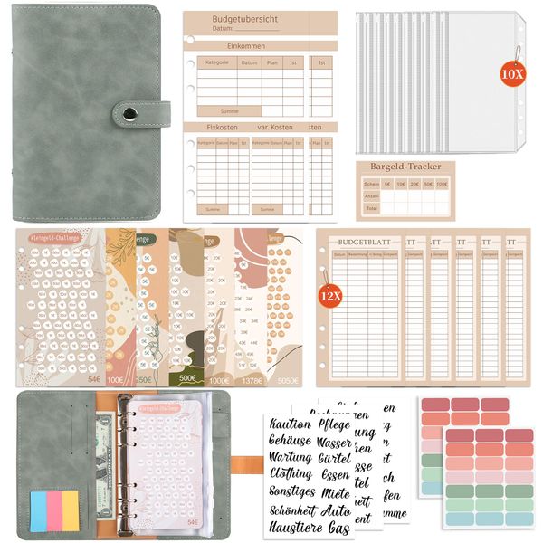 FUHOMI Budget Planner Deutsch A6 Binder - Bugetplaner Deutsch Startset mit 8 Sparchallenges, Finanzplaner Haushaltsbuch, Geld Organizer Sparbuch, Sparen mit Umschlagmethode