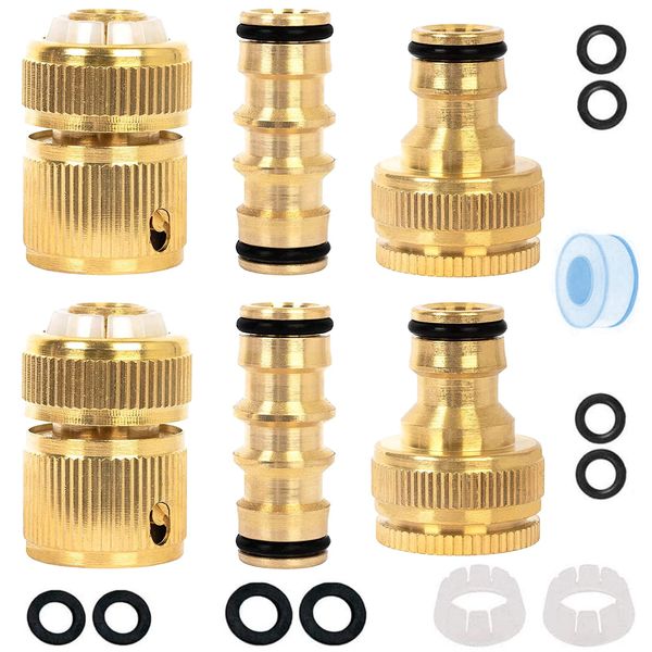 Kazaigou 6 Pack Brass Garden Hose Quick Connector, Garden Hose Tap Connector Pipe Fittings Kit, 2 Double Male Connector, 2 Hose End Connector, 2 Hose Tap Connector 1/2'' & 3/4'' 2-in-1 Faucet Adapter