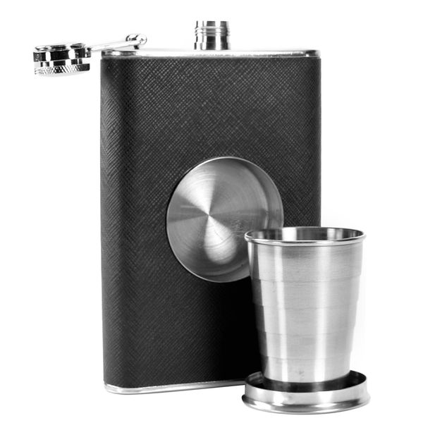 Hip Flasks for Men - Hipflask with Shot Glass Built-in Collapsible Cup, Flask Alcohol for Whiskey Vodka Brandy Rum or Even Water - 8oz