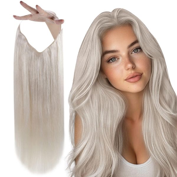 Vivien Secret Wire Hair Extensions Real Human Hair Blonde Halo Hair Extensions Platinum Blonde Invisible Wire Hair Extensions Human Hair One Piece 80g #60 18 Inch