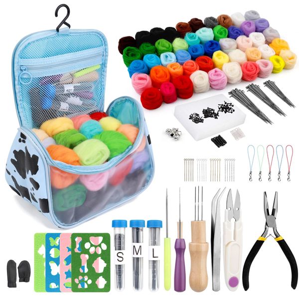 228 Pcs Needle Felting Kit Wool Felting Tools for Beginner 50 Colors Wool Roving Starter Felting Kit with Felting Needles Foam Mat Needle Felting Supplies Storage Bag for DIY Craft Making