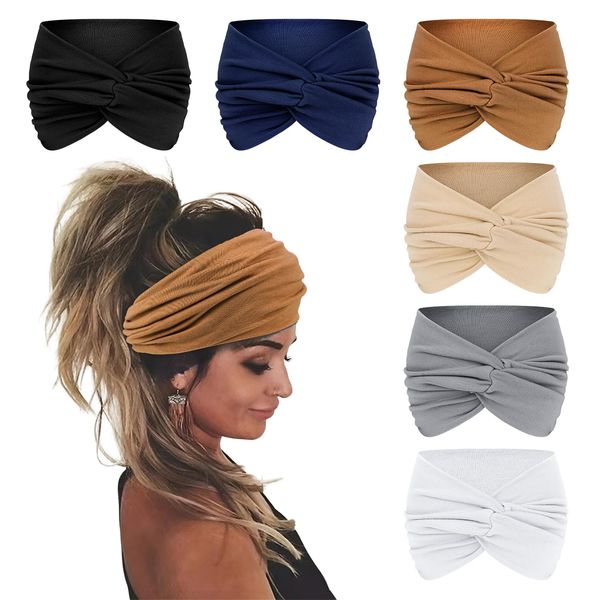 Wecoe Headbands for Women, 6pcs Fashion Knotted Headbands Wide Elastic Thick Turban Headbands for Wigs African Hair Head Wrap Sweat Headbands Workout Hair Bands Gym Hair Accessories For Women(Set A)