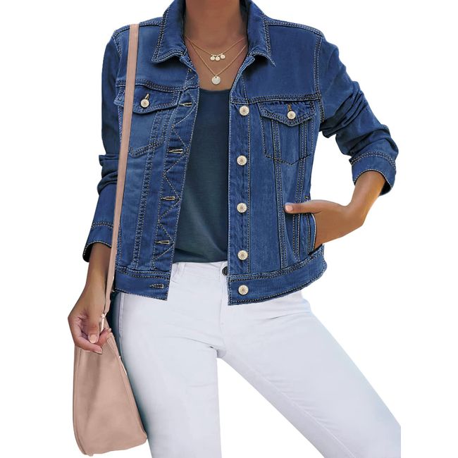 luvamia Women's Casual Basic Button Down Stretch Regular Fit Long Sleeves Denim Jean Jacket Women Jackets Womens Spring Jackets 2024 Nightfall Blue Size X-Large Fits Size 16 / Size 18