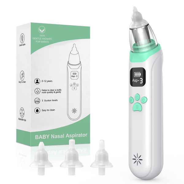 Nasal Aspirator Baby, Electric Baby Nose Sucker, Rechargeable Nose Cleaner with 3 Suction Levels and 3 Silicone Nozzles Anti-Backflow, Baby Nose Unblocker with Built-in Music for Newborns, Toddlers