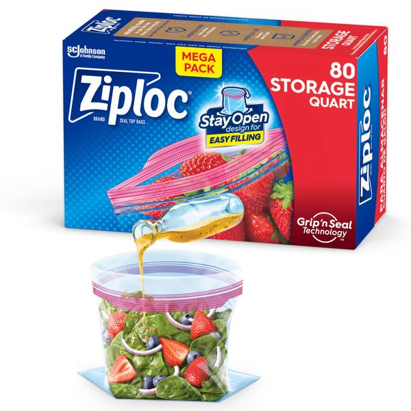 Ziploc Quart Food Storage Bags, New Stay Open Design with Stand-Up Bottom, Easy to Fill, 80 Count